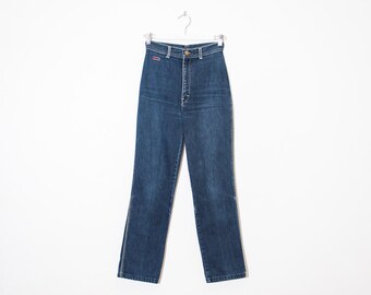 on sale - high waist straight leg jeans / blue dark wash worn denim / size 23