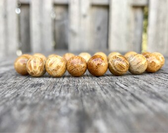 Fossil Coral Bracelet High Grade 10mm Agatized Coral Beaded Gemstone Bracelet Light to Medium Brown Agatized Fossil Coral Beaded Bracelet