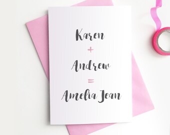 Personalised New Baby Girl Card - Cute Pink Modern Calligraphy Greetings Card