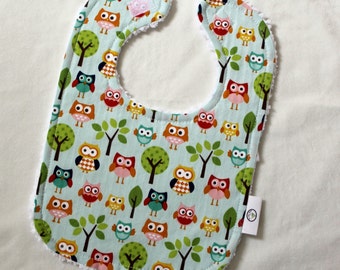 Blue Lazy Owls Fabric and Chenille Boutique Bib