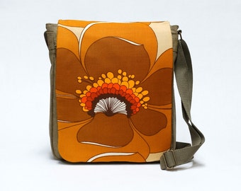 Canvas Retro Messenger Bag upcycled with original vintage fabric in brown and orange