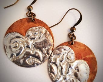Copper disks with molten silver solder earrings