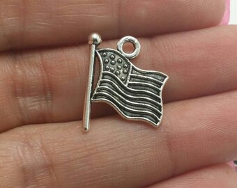 BULK 50 American Flag Charms, USA Flag Charms, Silver Flag Charms, Bulk Charms (5-1317)