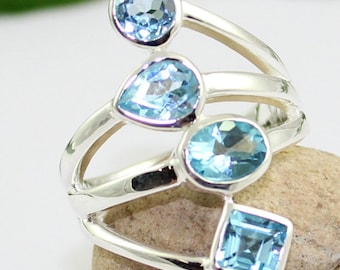 multi cut blue topaz ring, silver topaz jewelry, handmade silver ring, made in jaipur, healing topaz ring, natural gemstone,ETR1138