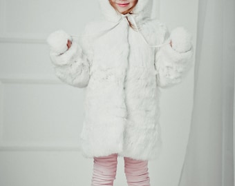 White fur coat for kids Fur jacket Long coat Winter Kids coat Baby coat Baby gift Kids clothing Girls coat Rabbit fur coat Girl's fur coat