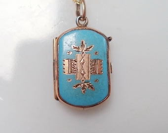 Antique Victorian Blue Enamel Gold GF Locket New 14K GF Chain Necklace Victorian Jewelry