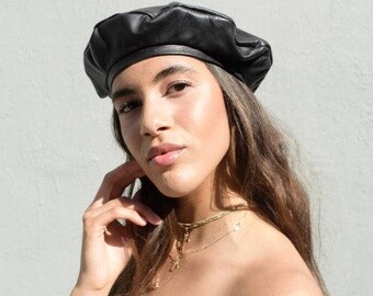Black Leather Beret Hat