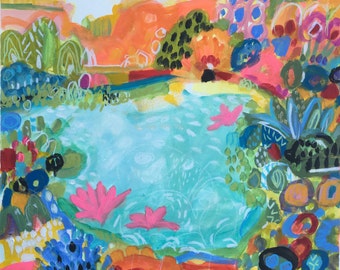 Abstract Landscape Mixed Media Painting on Paper 18 x 24 by Karen Fields