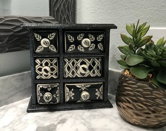 Apothecary Cabinet with 6 Ceramic Drawers, Hand Painted Wooden Cabinet Dresser Style Tea Bag Storage or Paraphernalia Box, Item #583851158