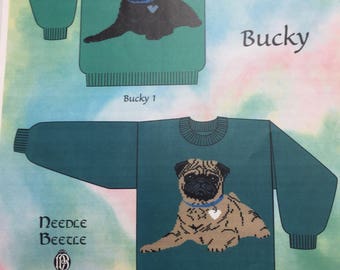 Knitting Sweater Pattern for crew neck sweater with Pug Puppy Dog design
