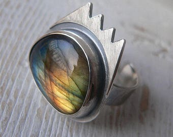 natural Labradorite ring, adjustable size, sterling silver, crown ring