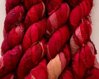 100 Gram Sari Silk Ribbon-Red Mix Sari silk Skein-50-60 Yards
