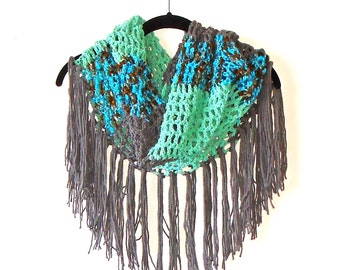 Crocheted Summer Fringed Cowl / Wrap / Scarf in Ocean Storm Palette ~ capelet shawl gypsy boho chic cape handmade clothing wearable art