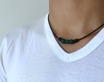 Recycled Glass Necklace Mens, Sea Glass Necklace, Ocean Glass Necklace for Men, Leather Necklace, Valentine's Gift Boyfriend, Glass Jewelry