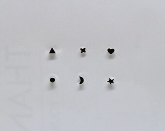 BUY2FREE1 Tiny 2mm set sterling silver stud earrings, black onyx triangle x cross dot moon star heart minimalist studs, geometric