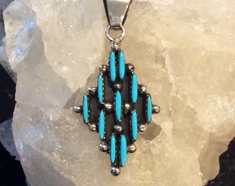 Native American Style Sterling Silver Zuni Tribe Needlepoint Turquoise Inlay Pendant