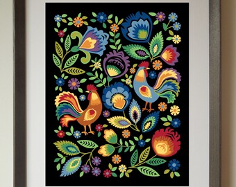 Folk Roosters Art Print
