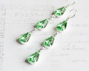 Green Drop Earrings, Light Green Earrings on Silver Plated Hooks, Teardrop Dangle Earrings, Rhinestone Jewelry, Vintage Glass