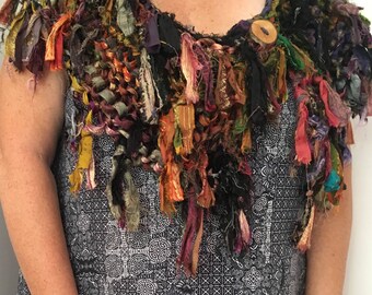 silk scarf, silk collar, recycled silk scarf, hand knitted scarf, boho tattered rag scarf, woodland capelet