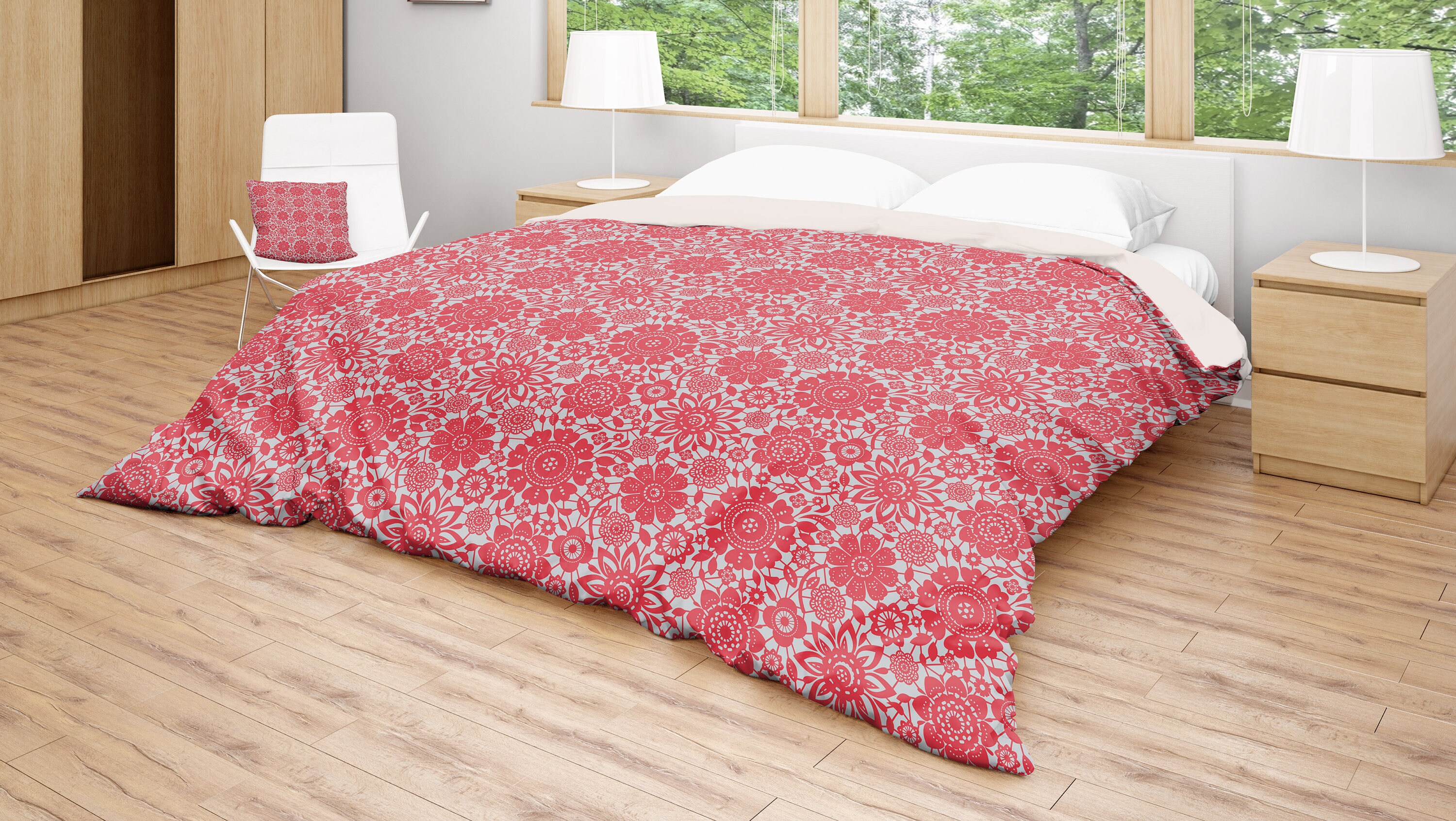 Red Duvet Cover Floral Pattern Duvet Red Grey Bedding