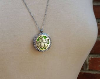 SALE Rhinestone Silver Leaf Magnetic Closure Locket Essential Oil Aromatherapy Diffuser Necklace
