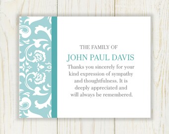 Damask Funeral Thank You Card Digital File Choose Your Color Sympathy