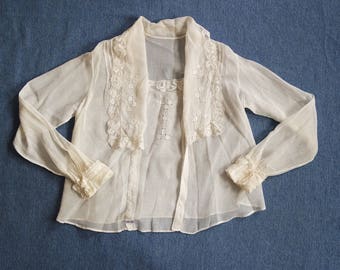 Antique Edwardian Gauze Cotton Blouse - Cotton and Lace Classic 1910s Blouse