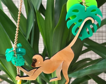 Monkey necklace, banana necklace, perspex jewellery, perspex jewelry, handmade necklace, tropical necklace, jungle necklace,