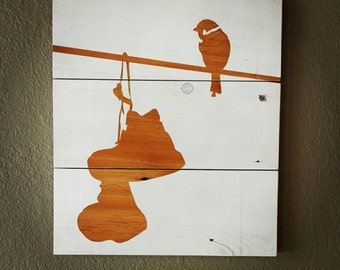 Urban Bird on a Wire Reclaimed Barnwood Painted Sign Wall Hanging