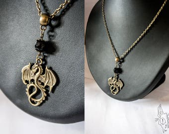 Little bronze dragon and Black Pearl pendant