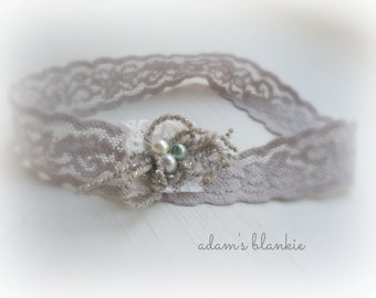 Theory - Dusty Lavender Gray Cream Lace Headband - Vintage Style - Pearls - Girls Newborns Baby Infant Adults