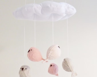 Baby mobile - nursery decoration in pink peach and light beige - bird mobile - cloud mobile