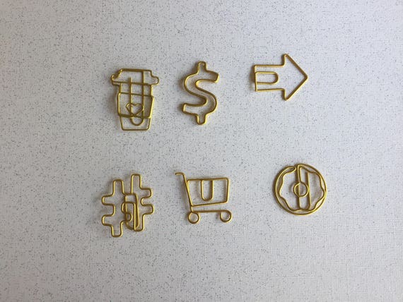 Gold Paperclips. Shopping cart planner clip, Donut Planner Clip, Coffee Planner Clip