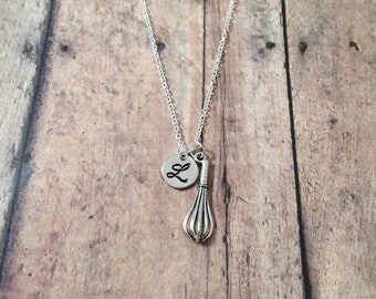 Whisk initial necklace - whisk jewelry, cooking jewelry, gift for chef, baker necklace, chef necklace, gift for baker, silver whisk pendant