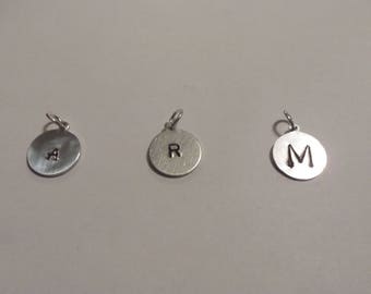 Silver initial charm, aluminum initial charm, initial pendant, silver charm, custom disc, personalized charm, handstamped charms, letters