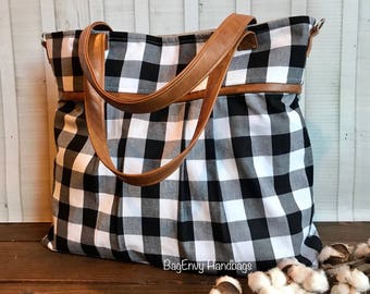 BagEnvy Handbags - Monterey Large Diaper Bag - with Vegan Leather - In Black and White Buffalo Plaid - or Custom Design Your Own