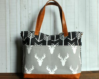 Black Arrows - Grey Deer Head with Vegan Leather - Outside Pockets - Tote Bag / Diaper Bag / Large Bag