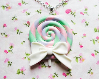 Candy Lollipop Necklace with Big White Bow, Candy Necklace, Cute Necklace, Kawaii Necklace, Food Necklace, Sweet Lolita, Lollipop