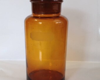 Rare Amber glass jar molded photographic chemical jar King Asanuma Shokai Japan 8-inch depression era