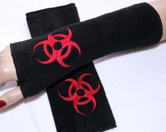 Red Biohazard Embroidered Soft Fleece Arm Warmers Gloves Fingerless Black MTCoffinz