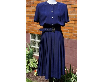Vintage Leslie Fay Navy Blue Day Dress with Full Pleated Skirt, Matching Belt, Midi Length, Transitional Style, 80s,