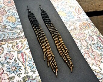 Dragonfly..Long Shoulder Duster Beaded Fringe Earrings