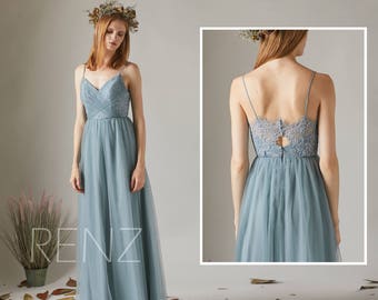 Bridesmaid Dress Dusty Blue Tulle Dress Wedding Dress,Spaghetti Strap Maxi Dress,Sweetheart Ball Gown,Lace Illusion Back Party Dress(HS509)