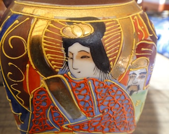 Antique Japanese Vase Hand Painted Moriage Satsuma Meiji Period