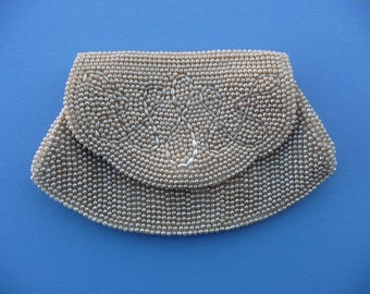 1950's Vintage Beige Beaded Purse ~ Small Clutch Evening Bag, Purse ~ 8 Inch By 5 Inch ~ Good Condition, Perfect for A Phone