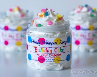 Fluffy Whipped Soap - Birthday Cake - Happy Birthday Soap, Body Wash, Vegan Friendly, Vanilla, Buttercream, Rainbow Sprinkles, 4 oz.
