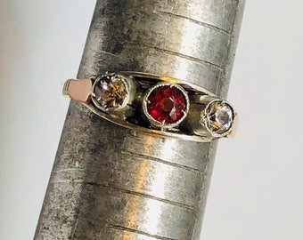 Antique Edwardian 9K Rose Gold and Sterling Silver Ruby and Diamond Paste Trilogy Ring Size 6.5