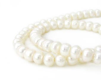 Freshwater Pearl Beads, 7-8mm Button, White Freshwater Pearls, June Birthstone, 16 Inch Strand, Wedding Pearls