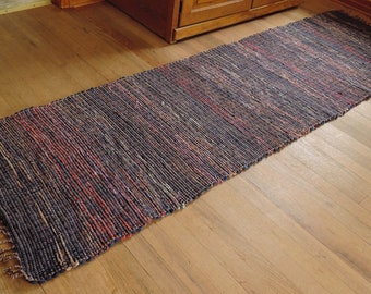 Hand Woven Rag Rug Navy Blue Red Cotton Floor Runner 26" x 92"