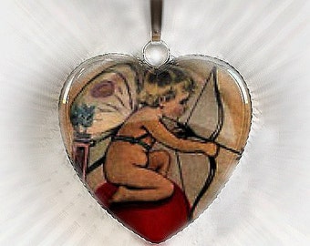 Glass Heart Cherub Valentines Pendant